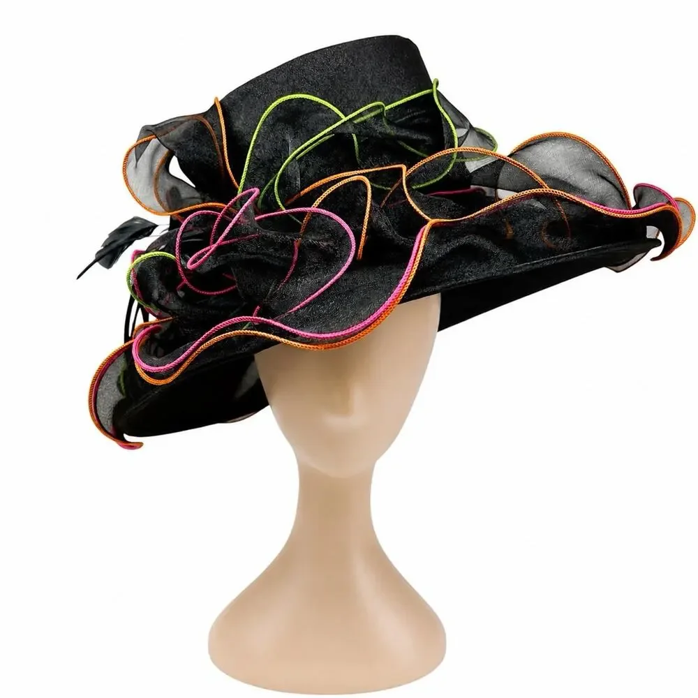 Y2K Black Organza Kentucky Derby Hat Wide Brim Neon Trim Feather Race Day Vtg